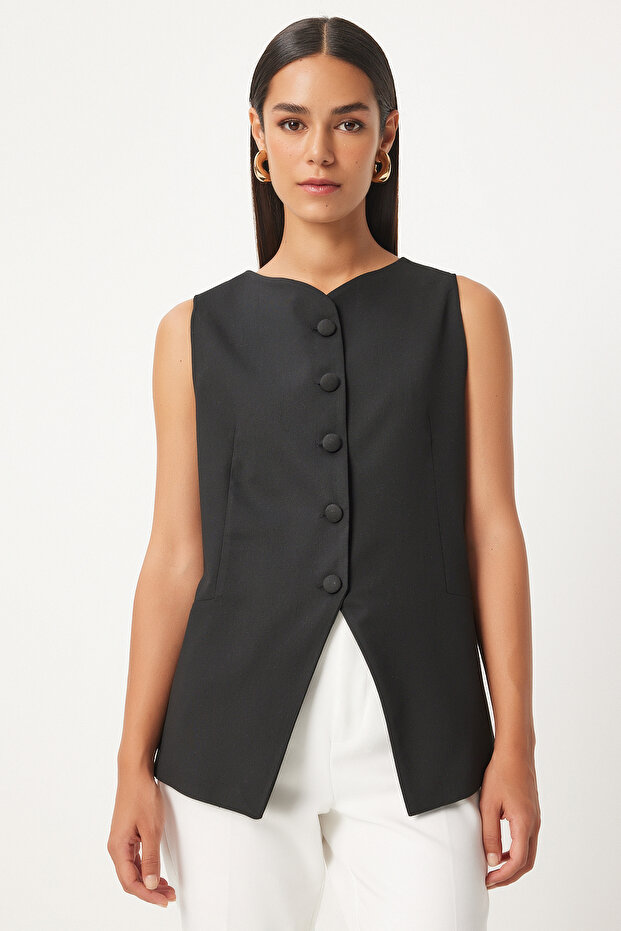 Women's Black Sleeveless Woven Vest To00147