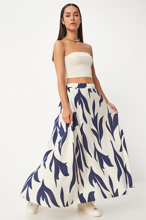 Women's Ecru Dark Blue Patterned Maxi Skirt Dd01333