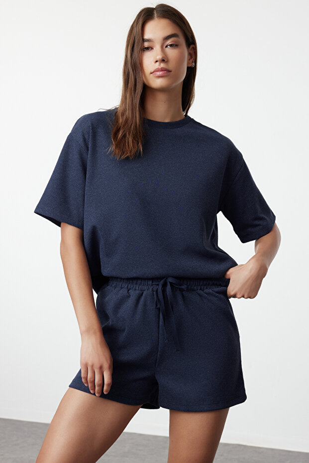 Indigo Waffle Kumaş Şortlu Örme Pijama Takımı THMSS22PT0524 - 2