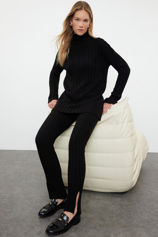 Black Ribbed Trousers Split Detail Knitwear Bottom-Top Suit Twoaw24Au00013