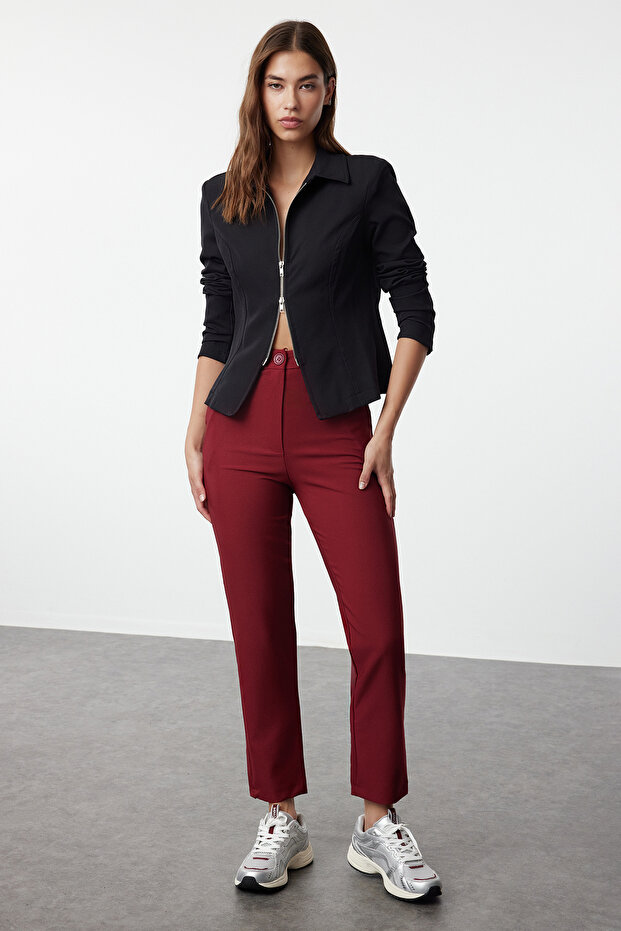 Dark Burgundy Basic Cigarette Narrow Leg Woven Fabric Trousers Twoss19St0038