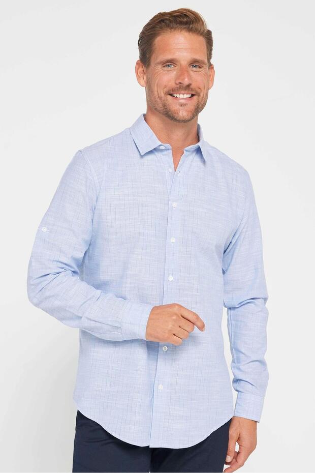 Men's Slim Fit Long sleeve Sleeve %100 Cotton Linen Textured Striped Shirt