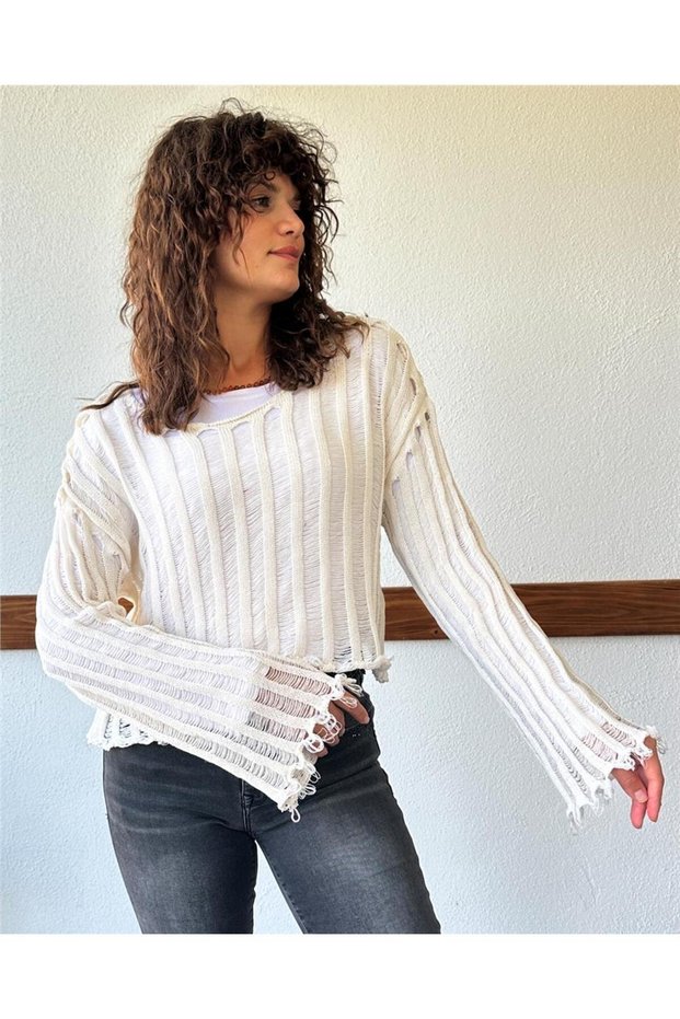 Ripped Detail Cotton Knitwear Blouse Cream Std