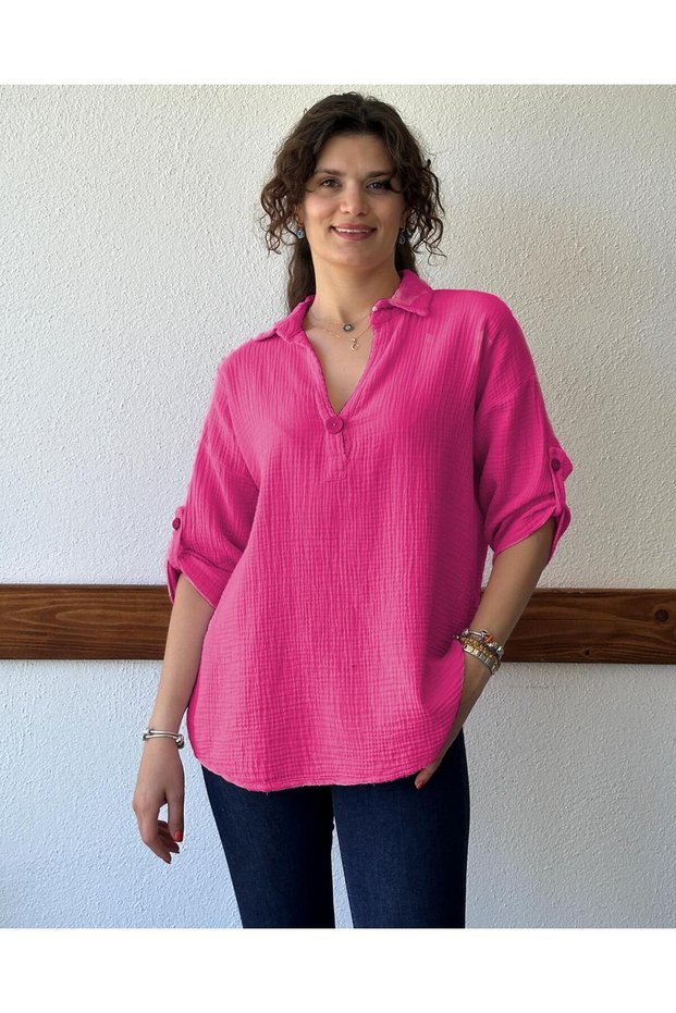 Single Button Collar Pink Muslin Blouse Std