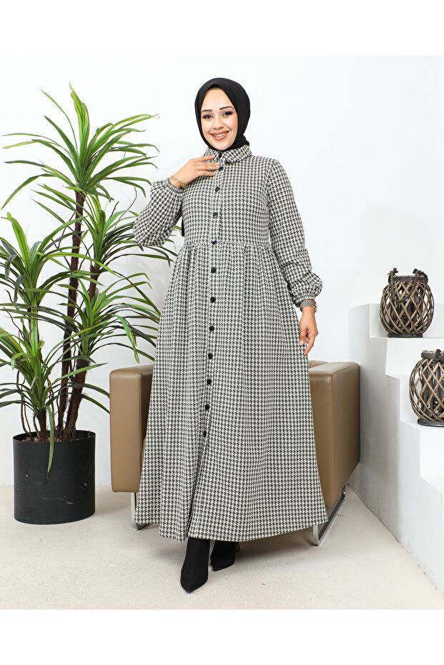 Baby Collar Pocket Hijab Dress-3166 Khaki green