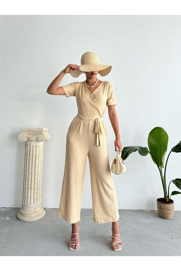 Women's Beige Double Breasted Collar Jumpsuit