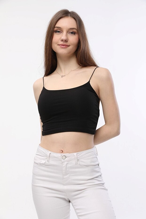 Women's Black Crop Tank Top with Rope Straps and Chest Inserts