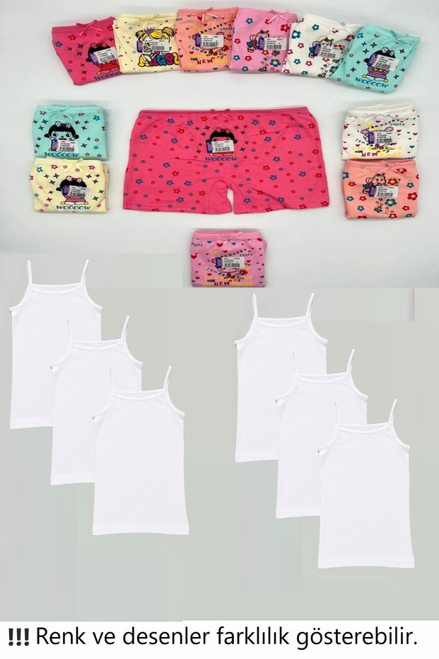 12'Li Set Girl's Underwear Set (6 Undershirts + 6 Boxers) Cotton Patterned