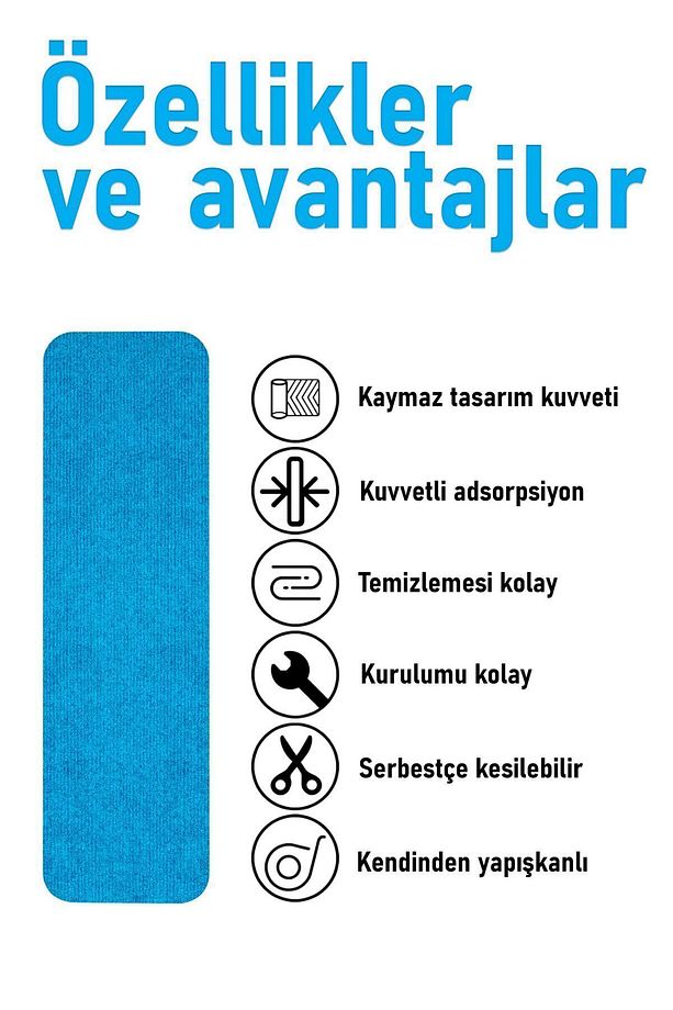 Halifleks Yapışkan Tabanlı Merdiven Basamak Paspası Rip Halı Kaymaz Tabanlı - Boncuk Mavi - 3