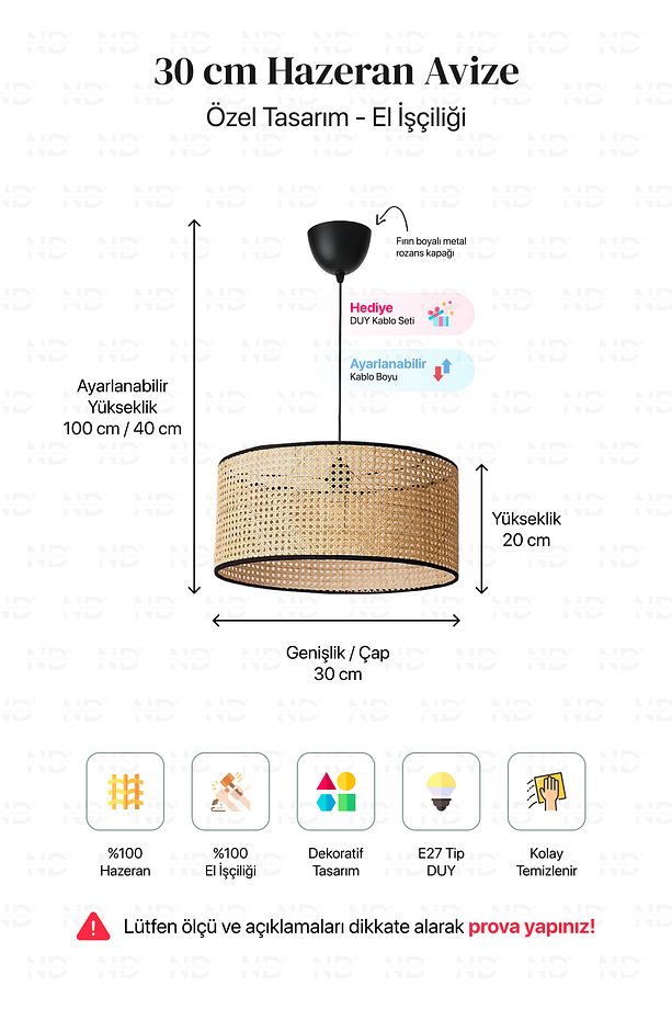 Hazeran Avize 30cm- Iskandinav, Modern, Bohem, Rattan Avize, Aydınlatma - 5