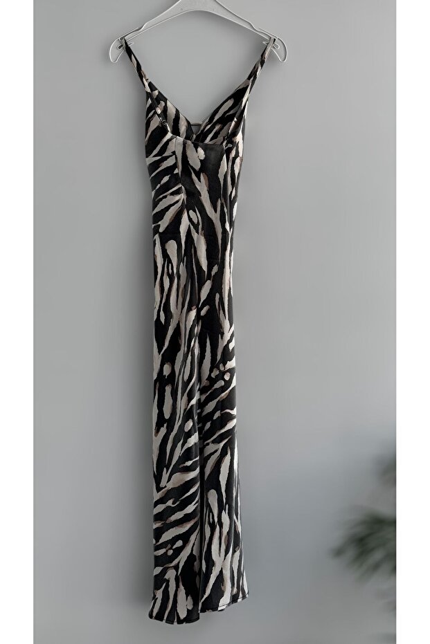 SİYAH ZEBRA DESEN SATEN İP ASKILI UZUN ELBİSE - 7