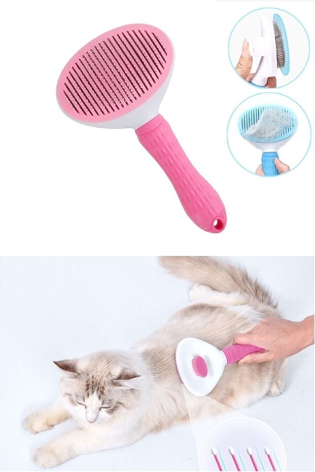 Automatic Cleaning Buttoned Pet Brush Cat Dog Hair Collector Comb Gray