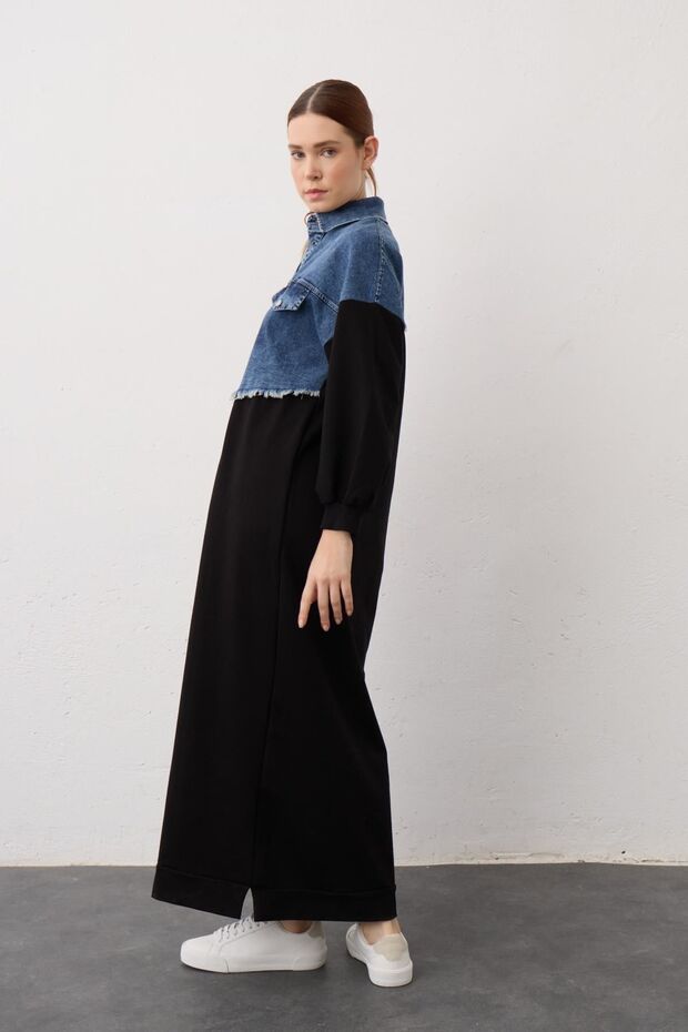 Siyah Denim Detaylı Çıt Çıtlı Pamuklu Örme Elbise - 5