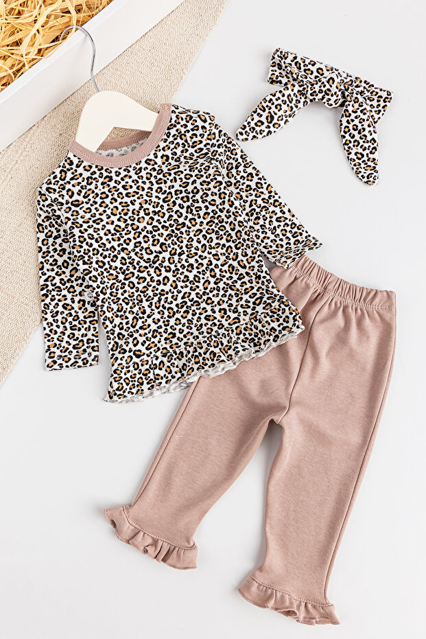 Leopard Patterned Bandana 3-Piece Baby Girl Set Baby Bottom Top Set