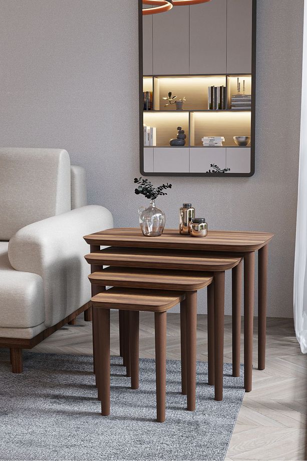 IKEAA 4lü Dörtlü Mdf Ahşap Zigon Sehpa - Ceviz - 3