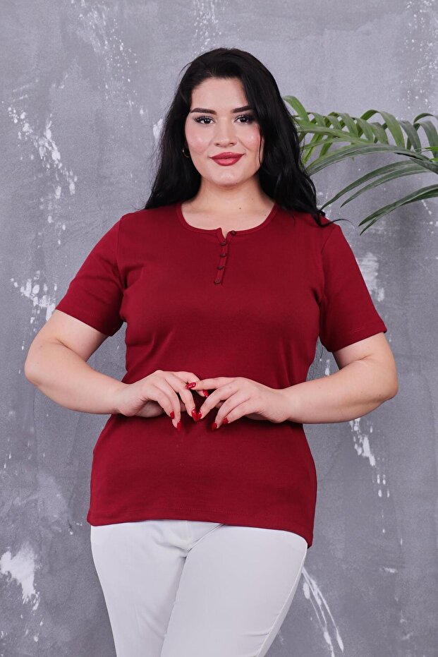 Plus Size Buttoned Front Cotton Basic Short Sleeve Blouse - 3