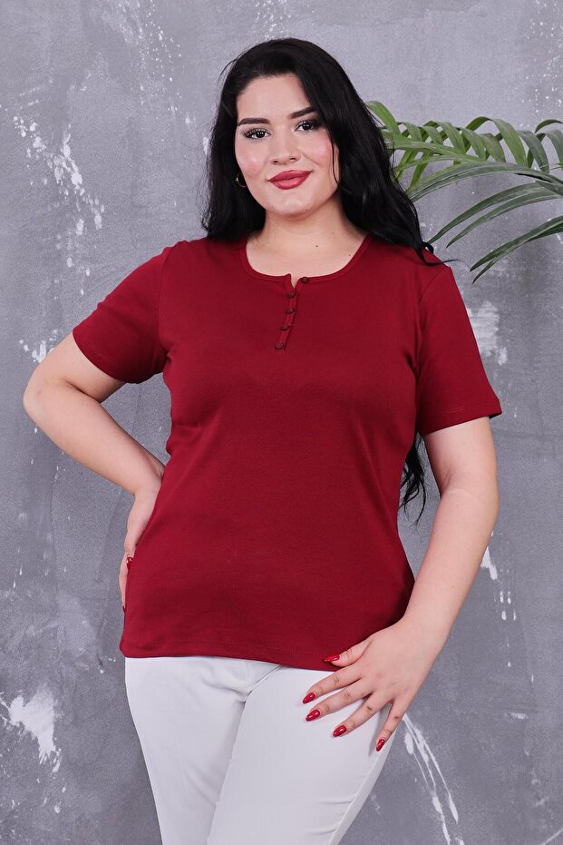 Plus Size Buttoned Front Cotton Basic Short Sleeve Blouse - 2