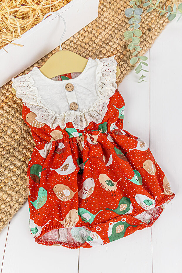 Scalloped Bird Patterned Summer Baby Girl Jumpsuit