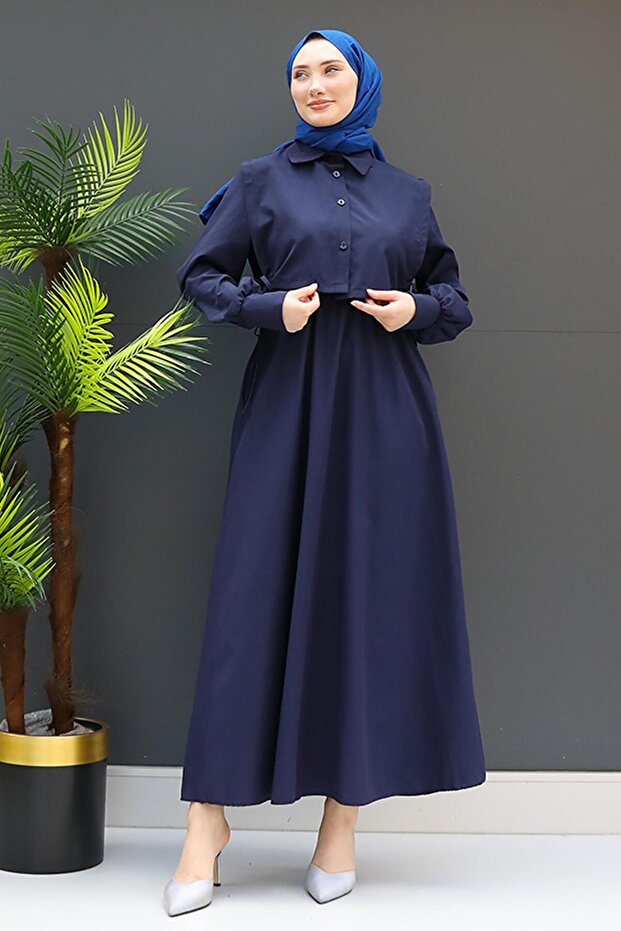 Capes Drawstring Dress Navy Blue