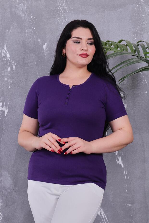 Plus Size Buttoned Front Cotton Basic Short Sleeve Blouse - 3