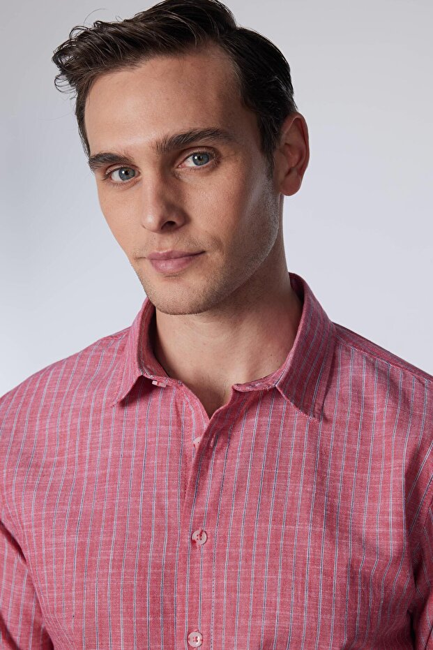 Men's Slim Fit Long sleeve Sleeve %100 Cotton Linen Textured Striped Shirt