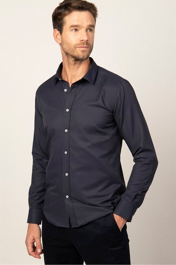 Modern Fit Uzun Kollu Armürlü Kravatlık Erkek Lacivert Gömlek - 1