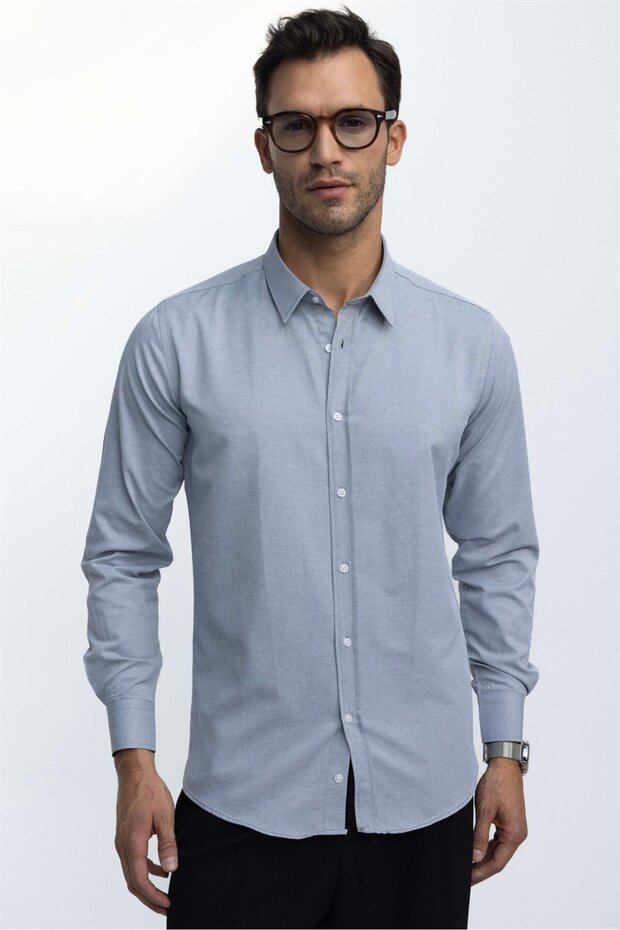 Modern Slim Fit Long Sleeve Cotton Easy-Iron Dobby Men's Gray Shirt