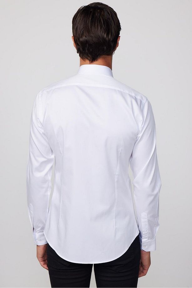 Slim Fit Uzun Kollu Pamuk Saten Erkek Beyaz Gömlek - 5