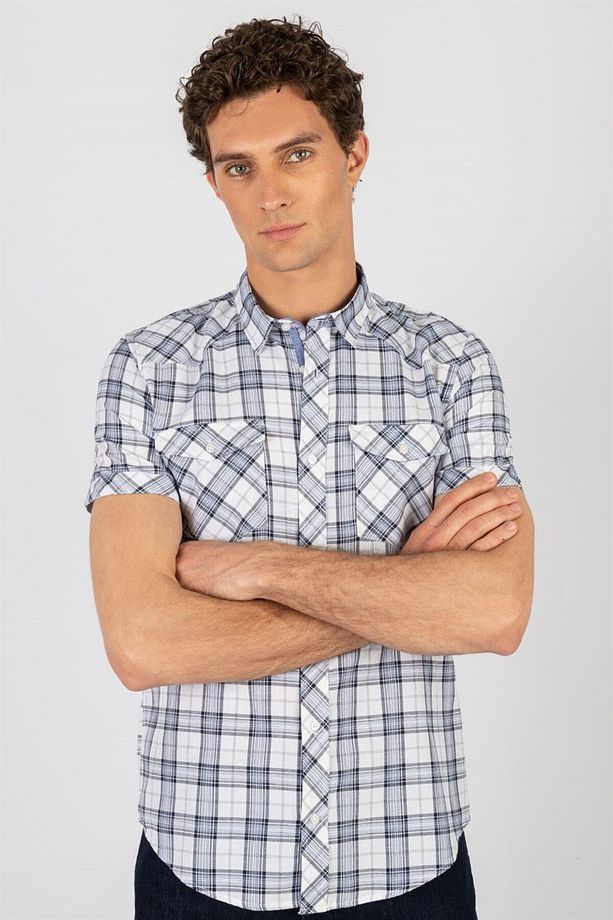 Slim Fit Kısa Kollu Ekose Çift Cep Kapaklı Erkek Gömlek - 1