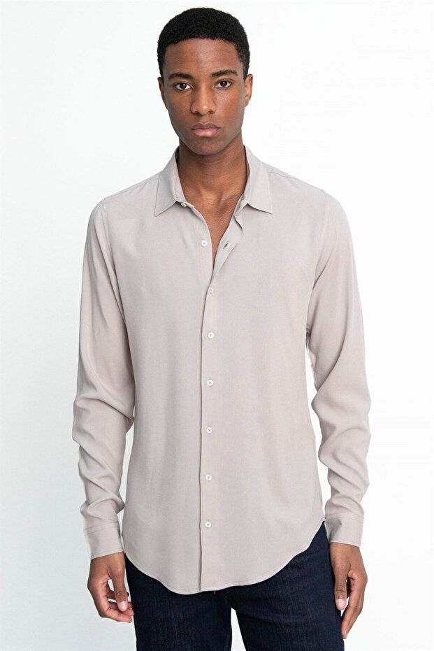 Slim Fit Long Sleeve Slim Fit Flowing Viscose Stylish Men's Stone Shirt