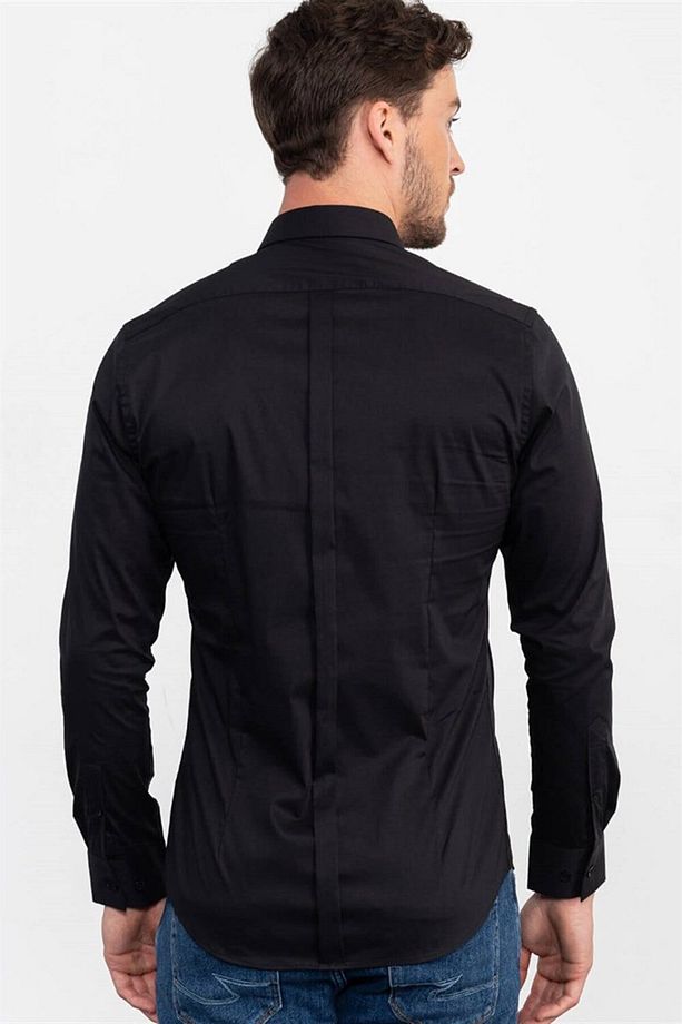 Süper Slim Fit Uzun Kollu Pamuklu Likralı Erkek Siyah Gömlek - 4