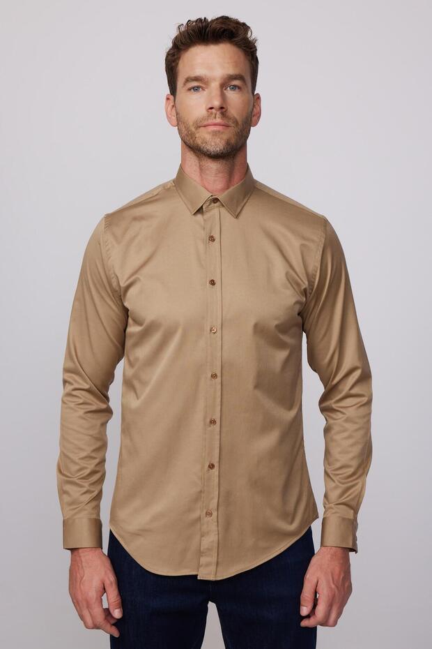 Slim Fit Uzun Kollu Likralı Düz Pamuk Saten Erkek Kahve Gömlek - 2