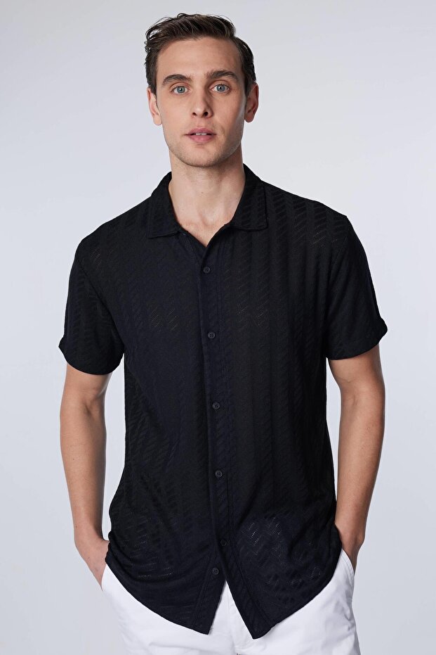 Men's Slim Fit Short Sleeve Knitted Texture Armur Patterned Summer Black Shirt