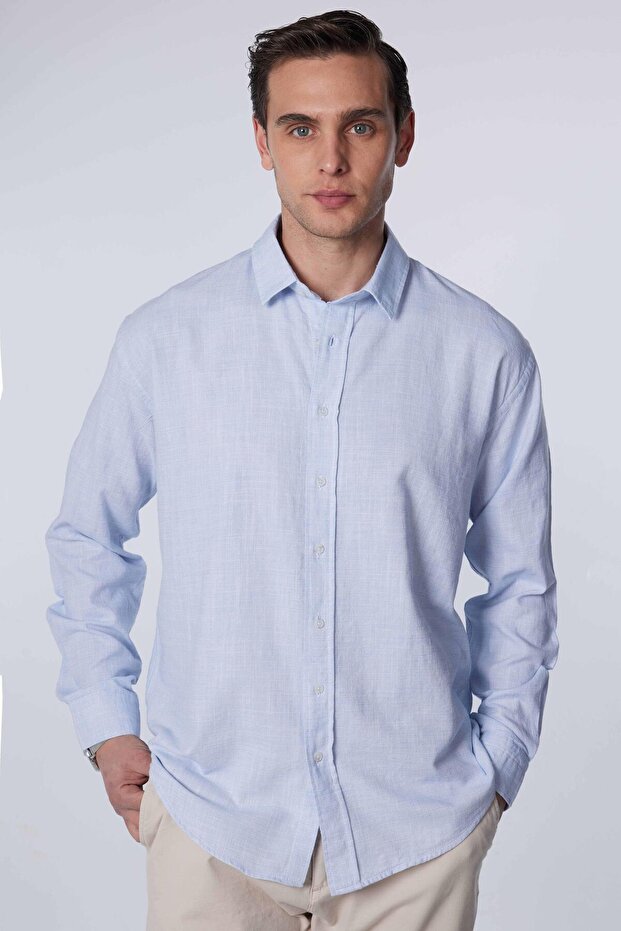 Men's Relax Fit Comfortable Cut Oversized Long Sleeve 100% Cotton Linen Texture Blue Shirt