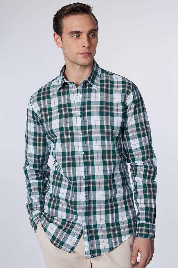 Erkek Slim Fit Dar Kesim Uzun Kollu %100 Pamuk Keten Doku Kareli Gömlek - 1