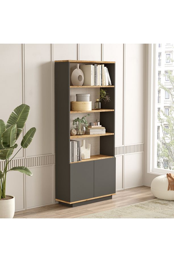 Delphin Kitaplık Raf 2 Kapaklı Raflı 168cm Çam-Antrasit DLP16-AA - 2