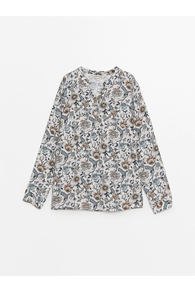 Lcw Women's Long Sleeve Blouse with Flared Collar and Flowers