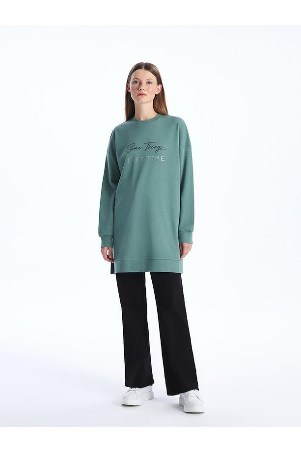 LCW Modest Bisiklet Yaka Baskılı Uzun Kollu Oversize Kadın Sweatshirt Tunik - 3