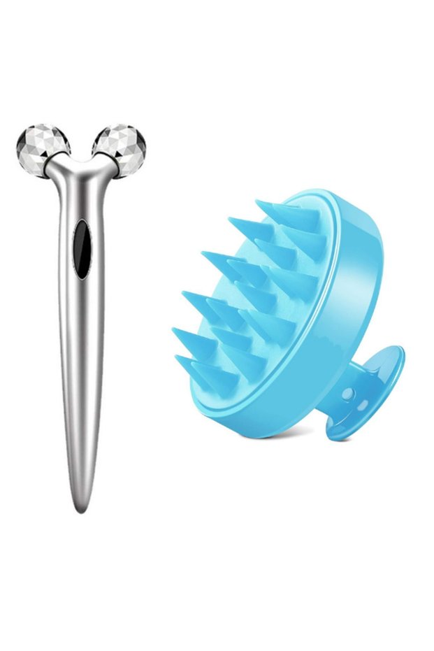 3D Facial Skin Firming Massager And Soft Silicone Shower Hair Massage Comb Blue Set