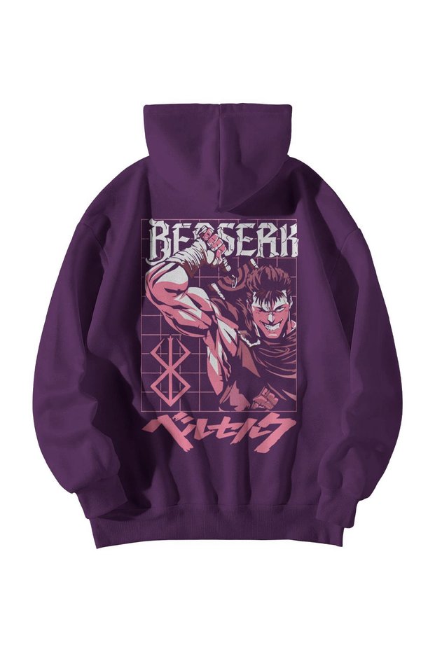 Mor Unisex Oversized Hoodie - Berserk Anime Printed Kangaroo Pocket 3 Thread Ş Fleece-Lined Sweatshirt