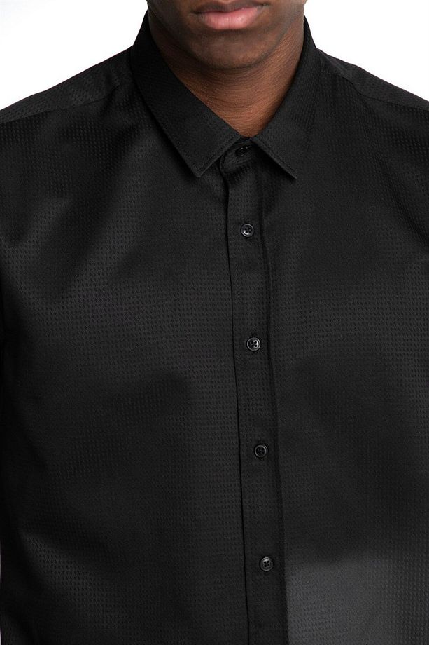 Modern Slim Fit Uzun Kollu Pamuklu Kolay Ütü Armürlü Erkek Siyah Gömlek - 5