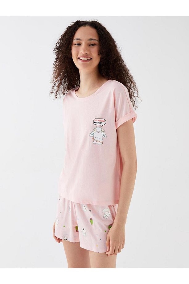 LCW Young Bisiklet Yaka Baskılı Kısa Kollu Kadın Şortlu Pijama Takımı - 2