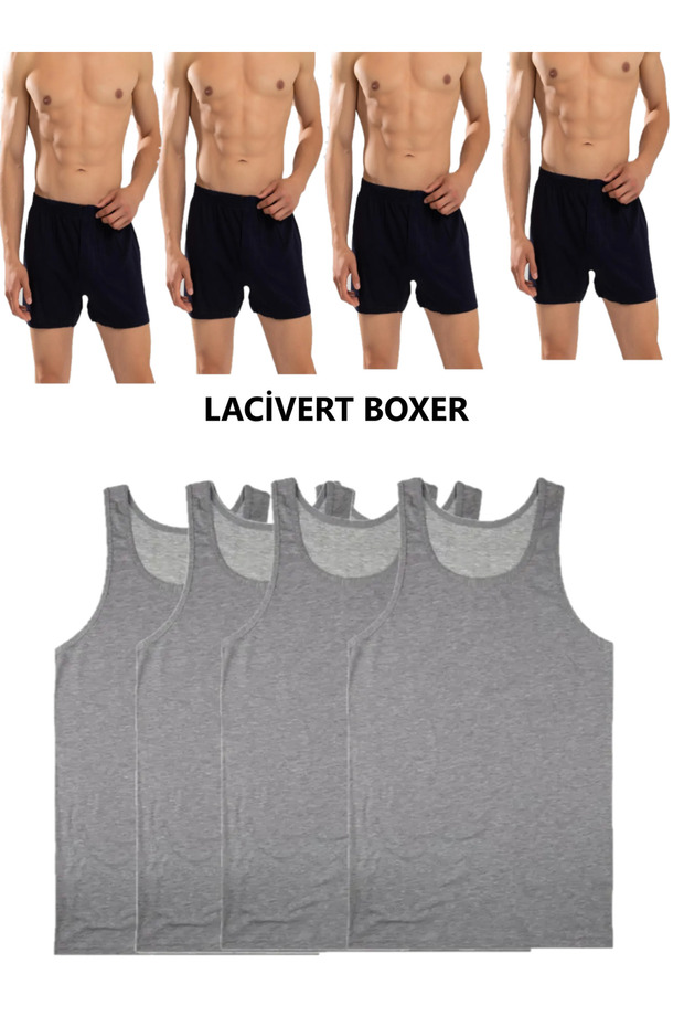 Set of 8 Men's Underwear (4 Gray Undershirts + 4 Navy Blue Boxers) Combed Cotton Towel Waist