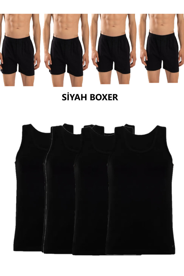 Set of 8 Men's Underwear (4 Black Undershirts + 4 Black Boxers) Combed Cotton Towel Waist