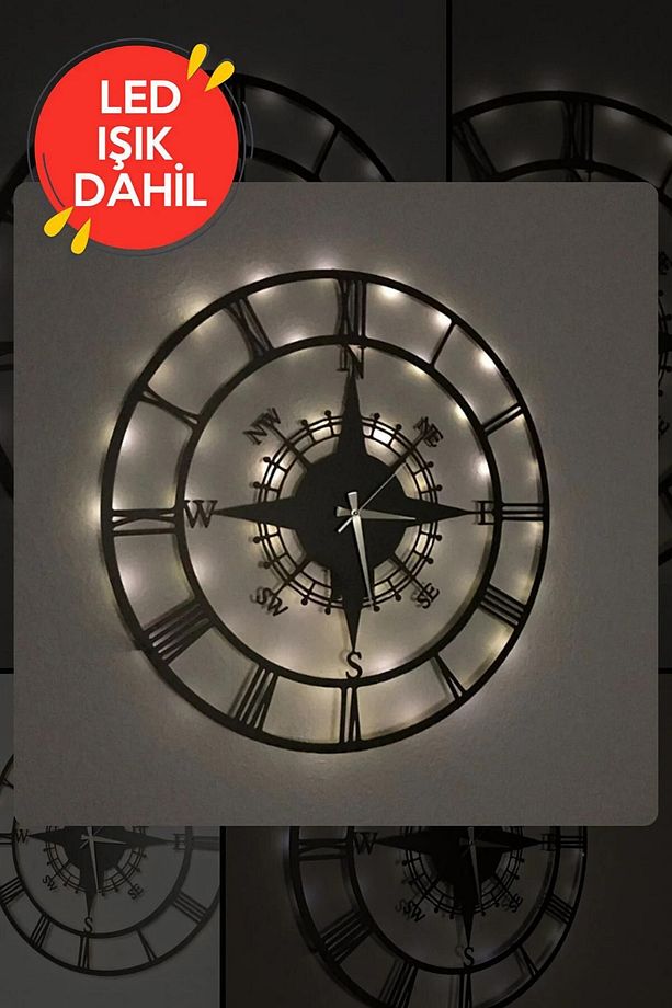 Led Işıklı Ahşap Pusula Duvar Saati Sessiz Dekoratif Modern Siyah Duvar Saati 40x40cm - 7