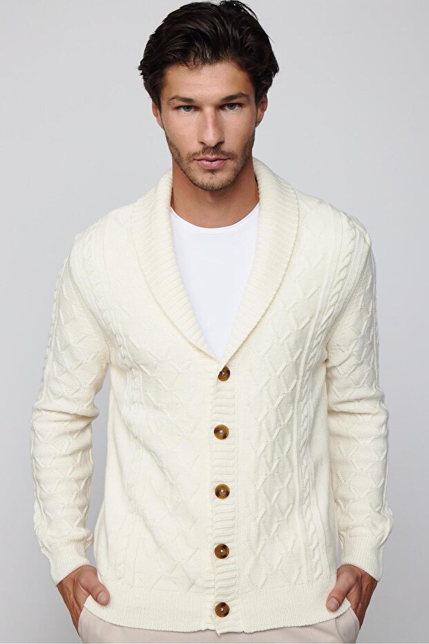 Slim Fit Slim Fit Patterned Soft Textured Buttoned Ecru Men's Cardigan - 1