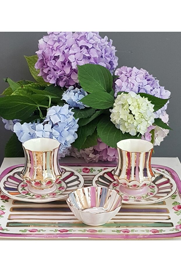 Raduga Porcelain Double Cup Set with Hand Painted Tray