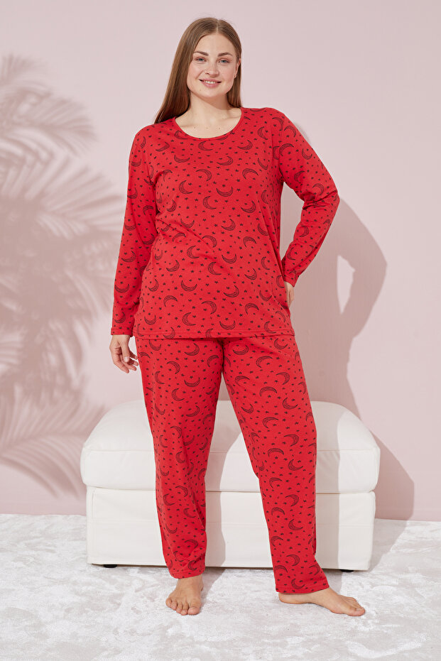 Plus Size Red Moon Patterned Curve Cotton Pajama Set - Oversize - 2