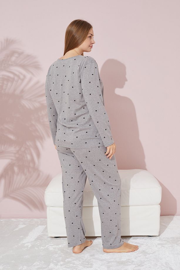 gri puan desenli Curve Büyük Beden Battal Boy Örme Pamuklu Pijama Takımı - 3