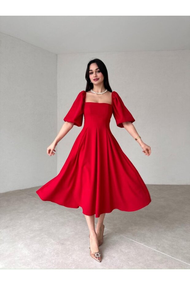 Square Neck Balloon Sleeve Pleated Midi Dress